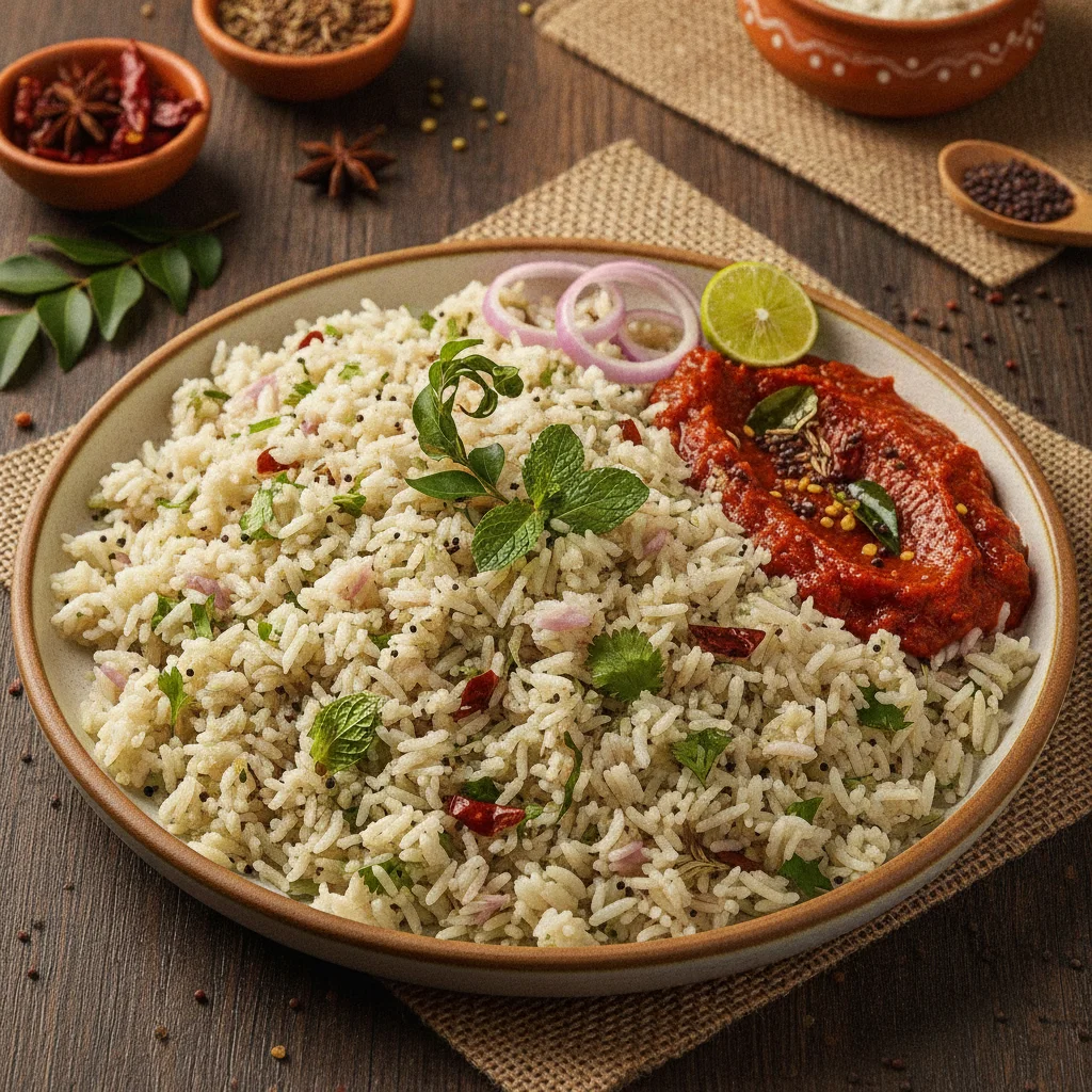 Saddi Annam with Spicy Tomato Chutney