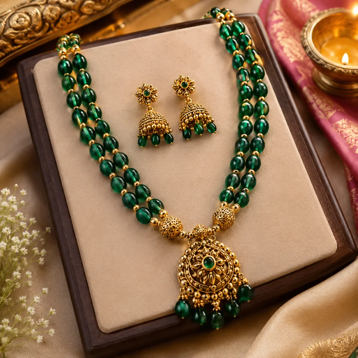 Emerald Green Beads Antique Necklace Set
