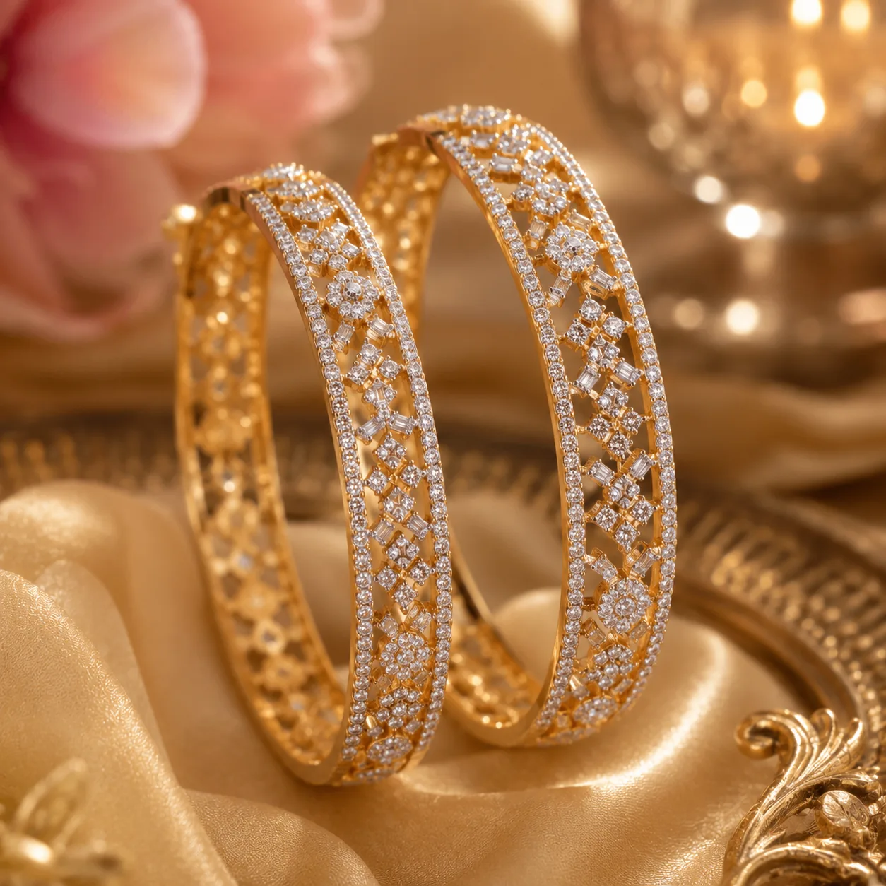 Floral Diamond Gold Bangles