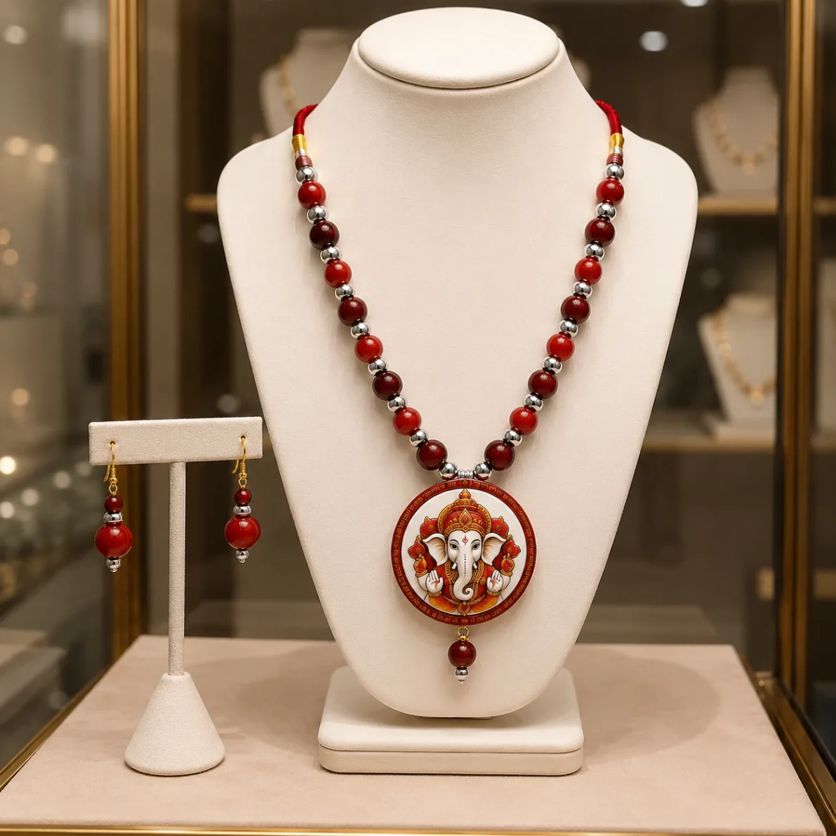 Lord Ganesha Red Beaded Necklace Set