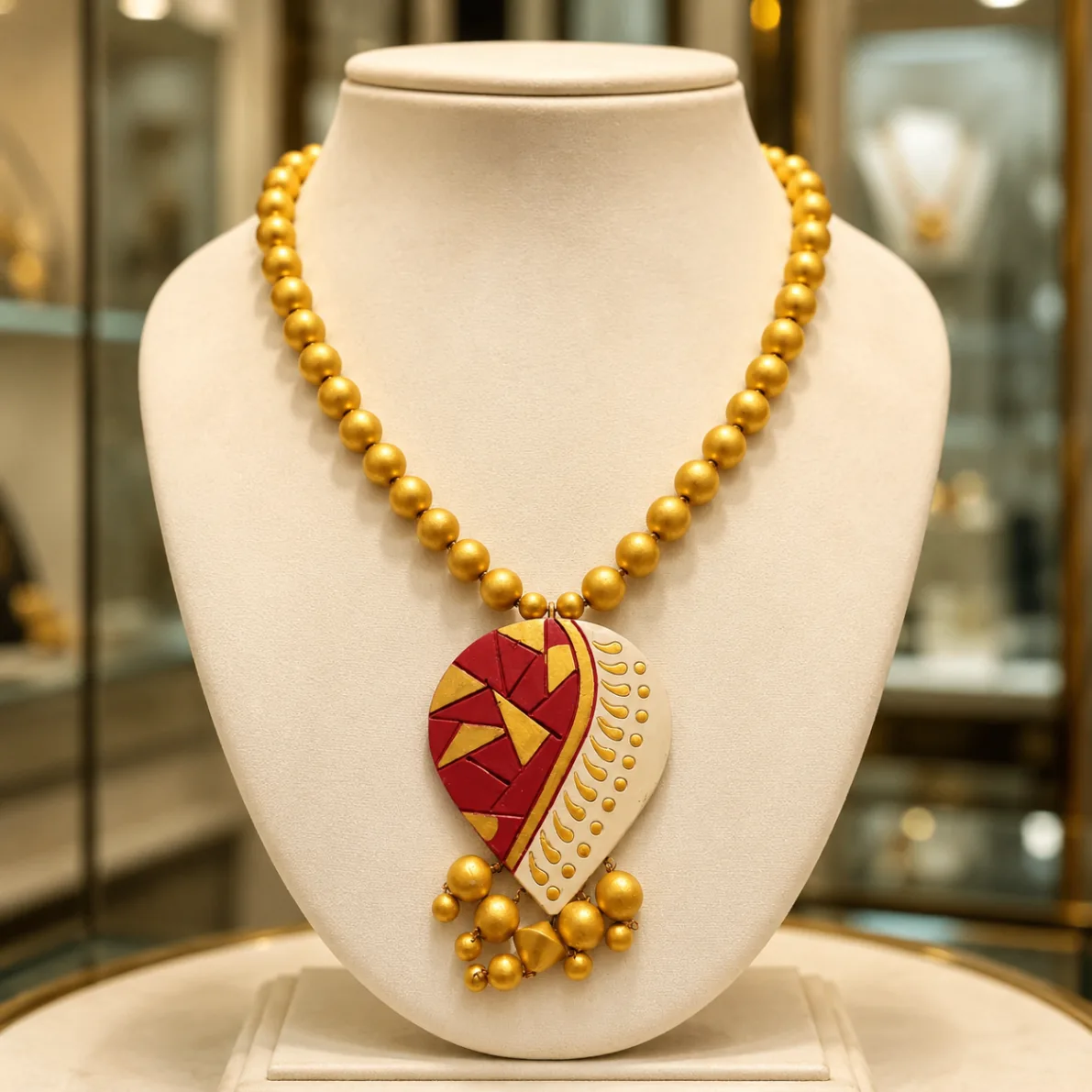 Handcrafted Golden Bead Leaf Pendant Necklace
