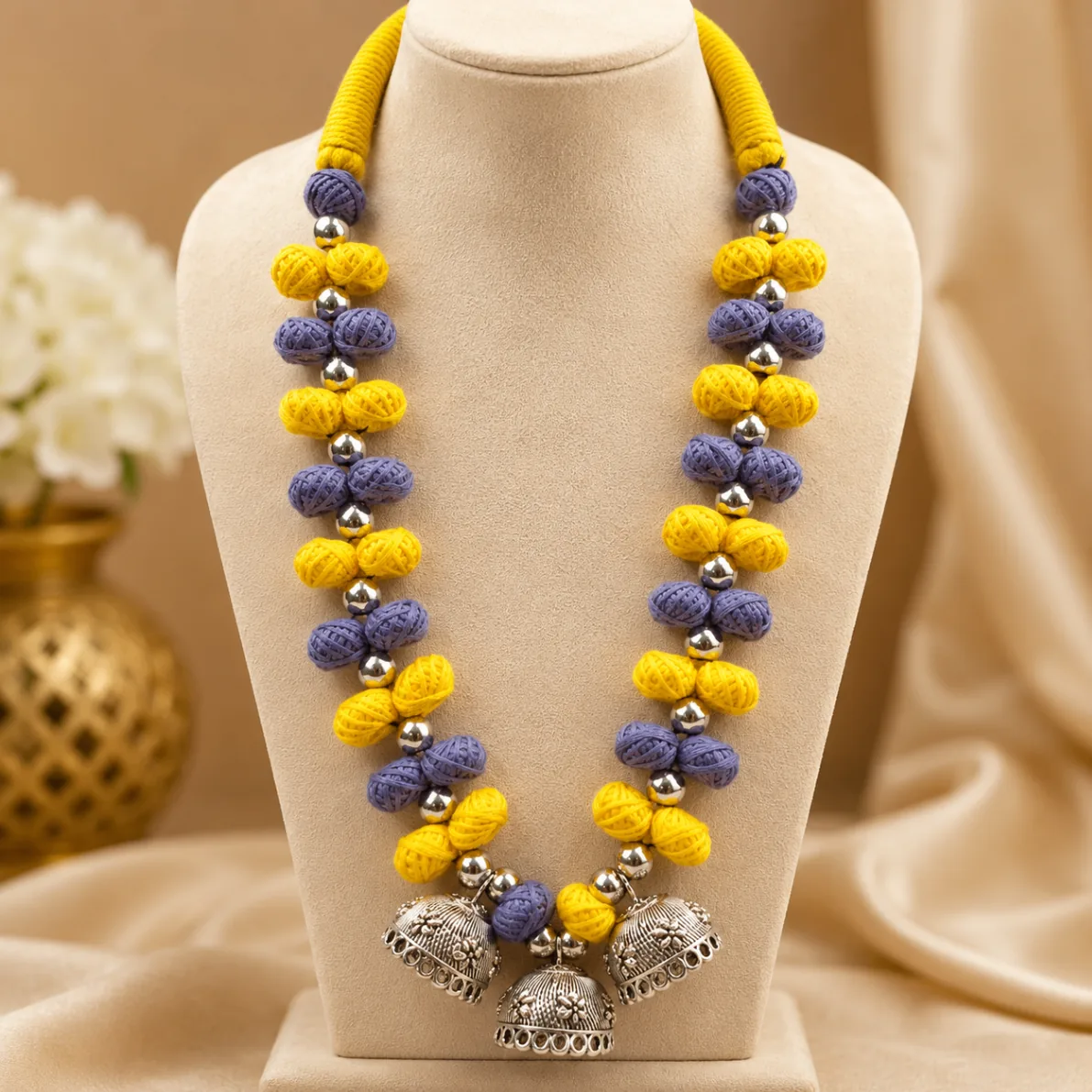 Yellow and Lavender Thread Bead Jhumka Necklace