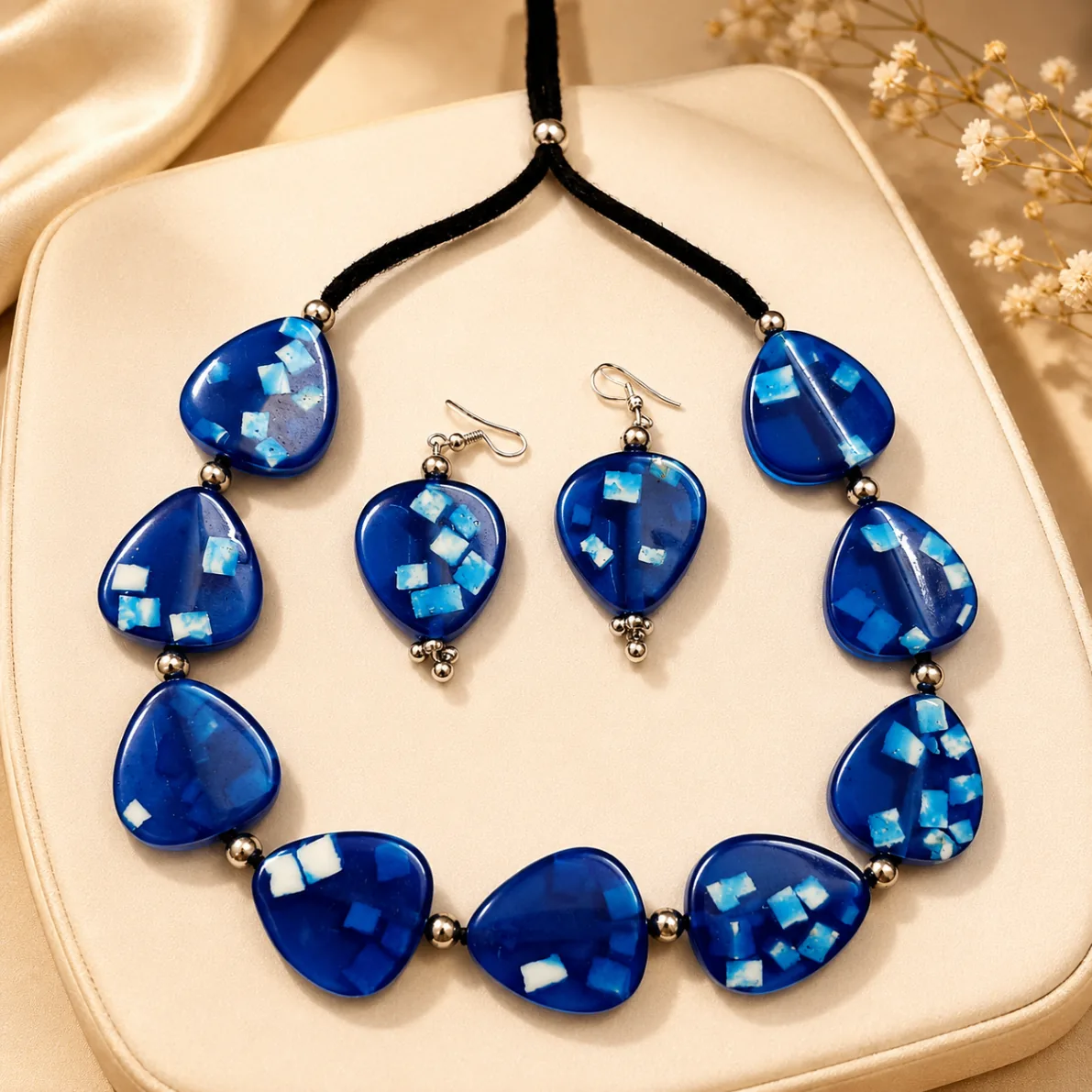 Blue Mosaic Resin Necklace and Earrings Set