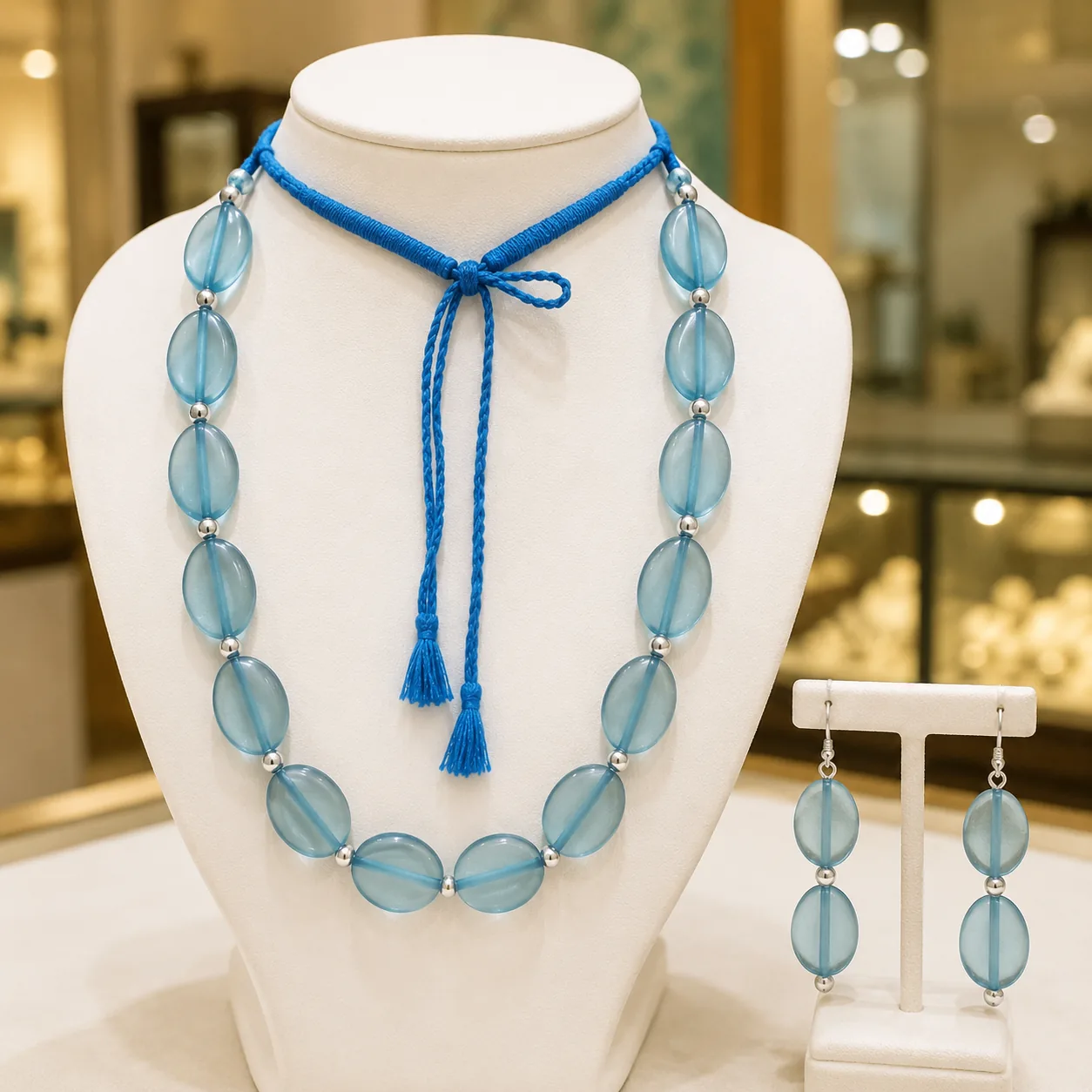 Aqua Blue Oval Bead Necklace Set
