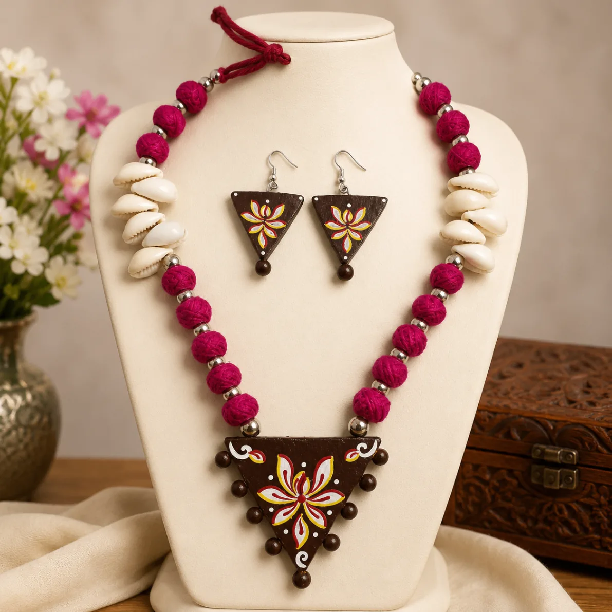 Pink Thread Bead Floral Cowrie Shell Necklace Set