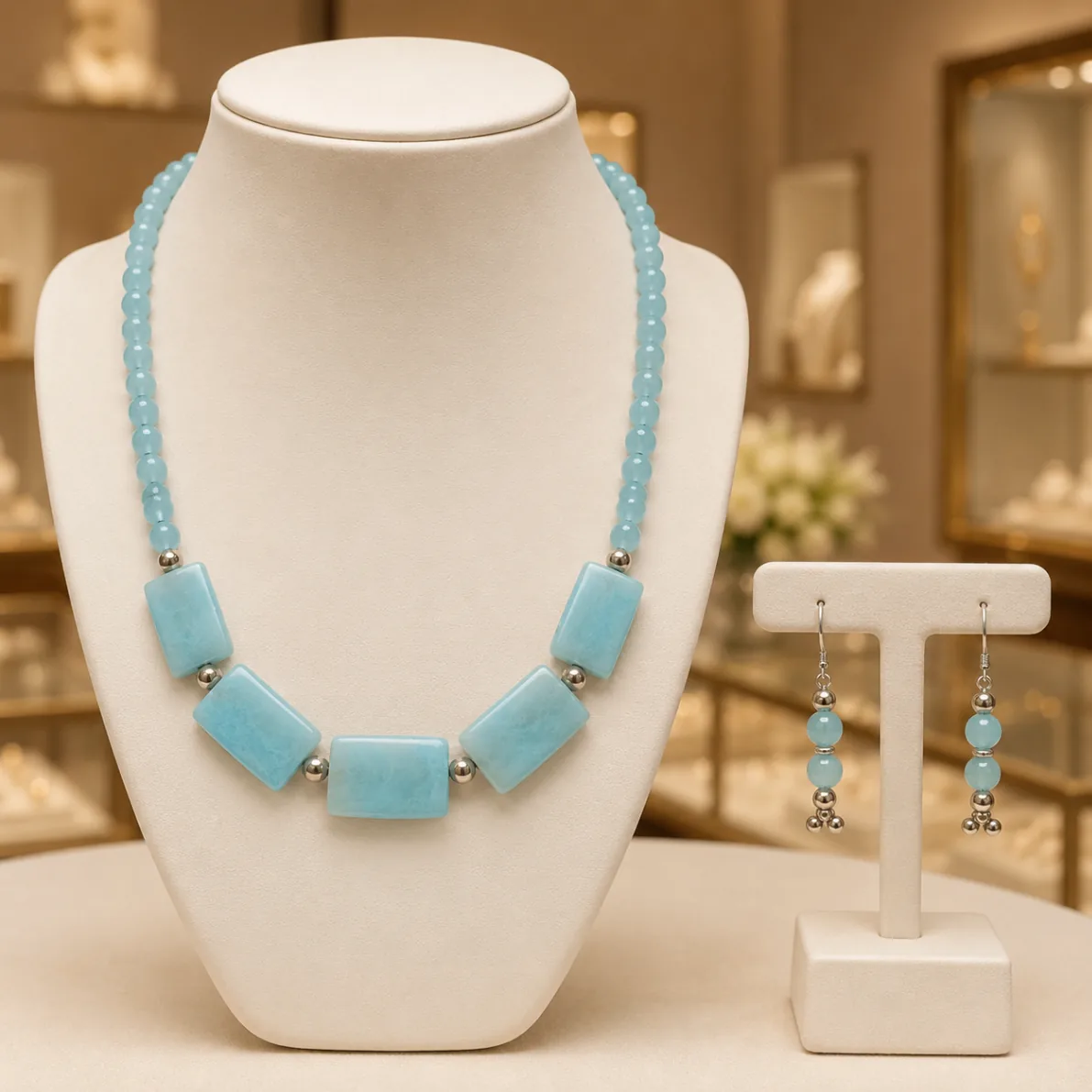 Aqua Blue Geometric Bead Necklace Set