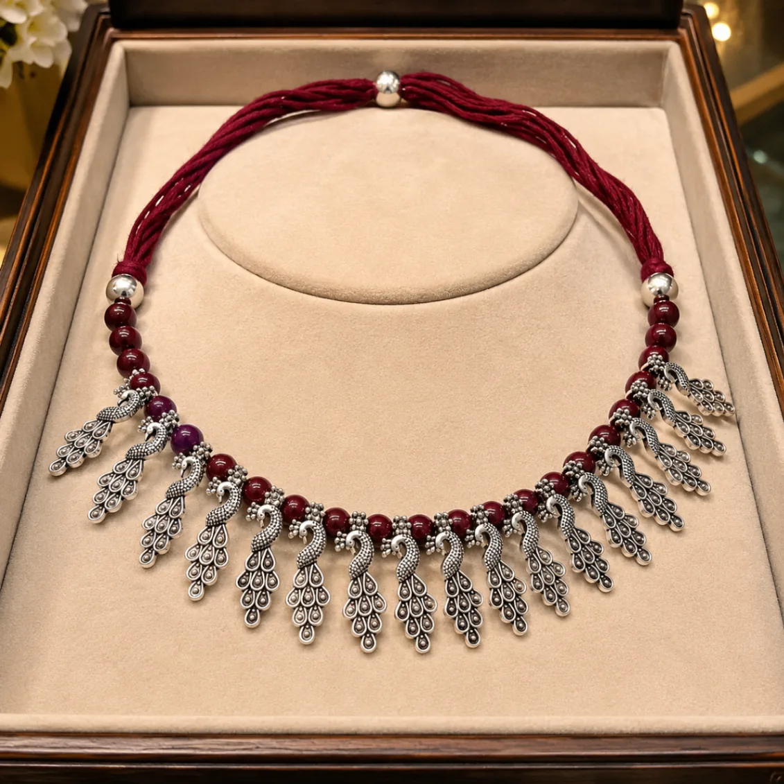 Maroon Beaded Oxidised Silver Peacock Necklace