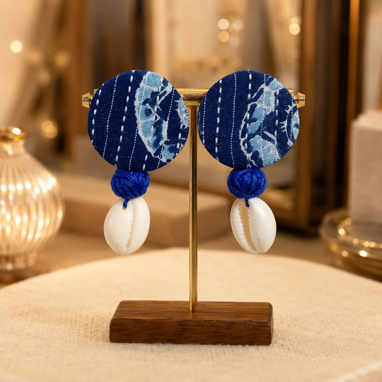 Indigo Fabric Cowrie Shell Earrings