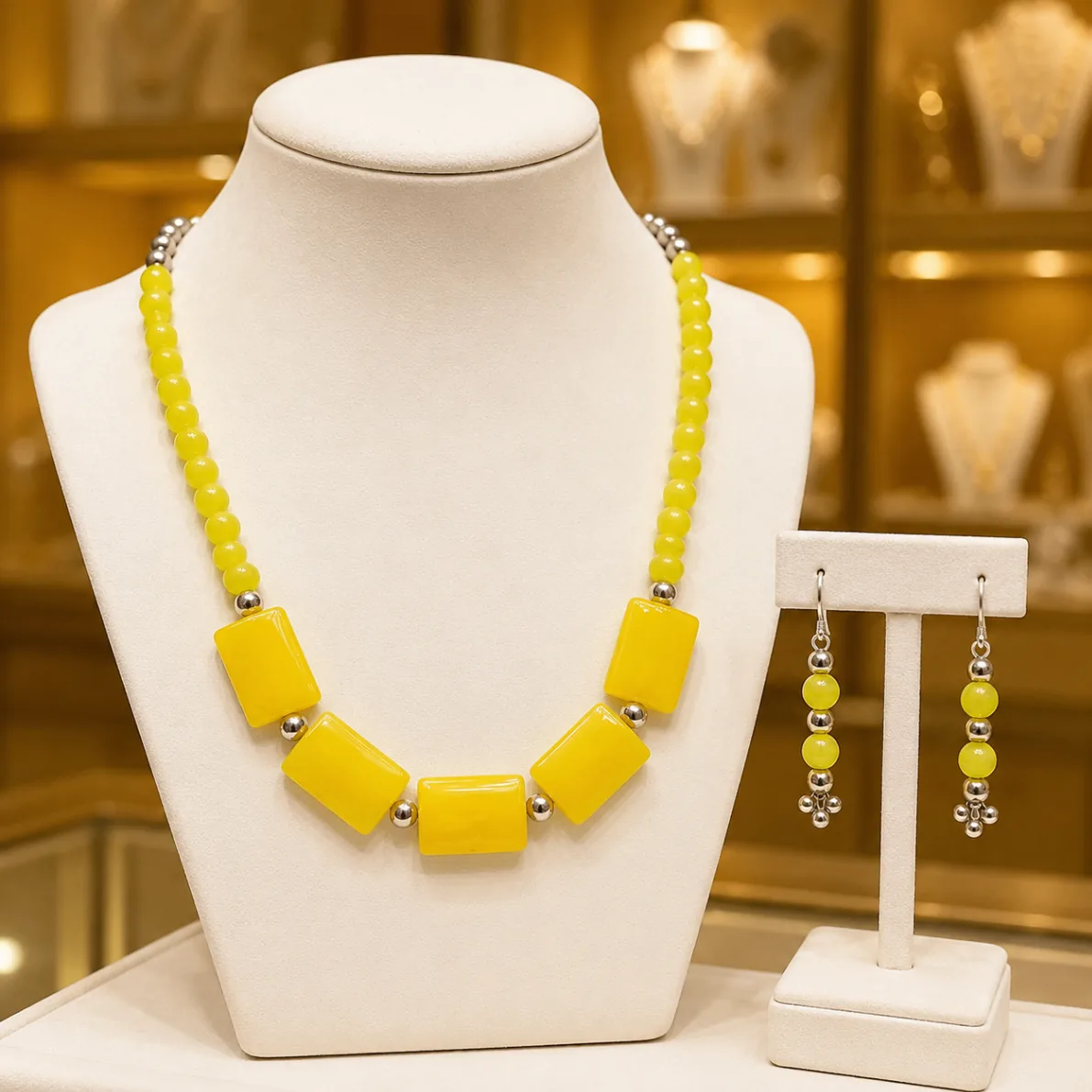 Bright Yellow Geometric Bead Necklace Set