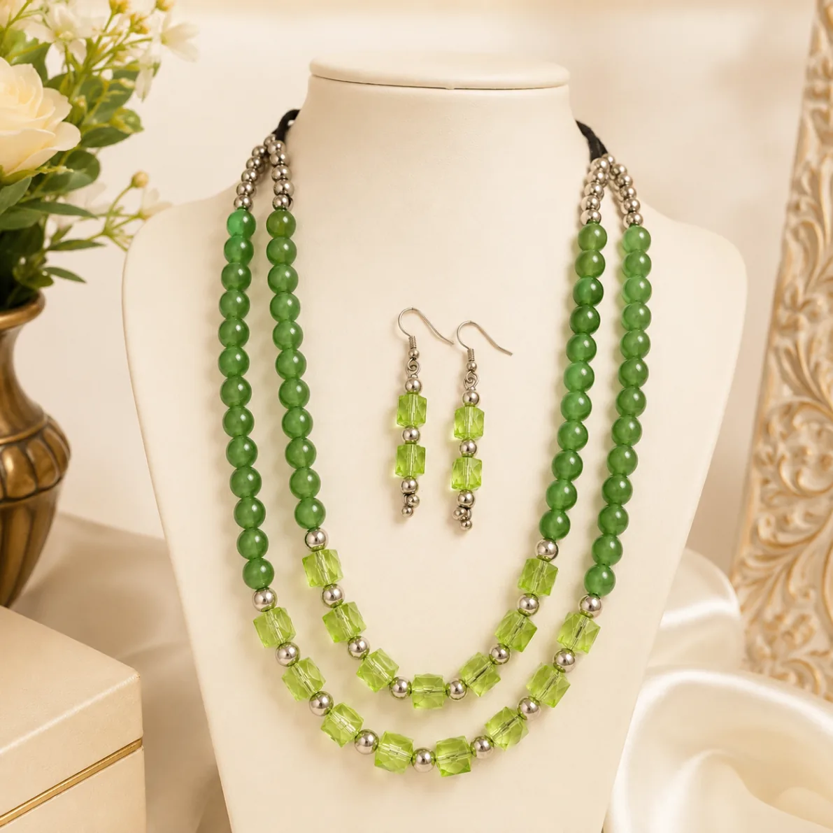 Green Crystal Double Layer Beaded Necklace Set