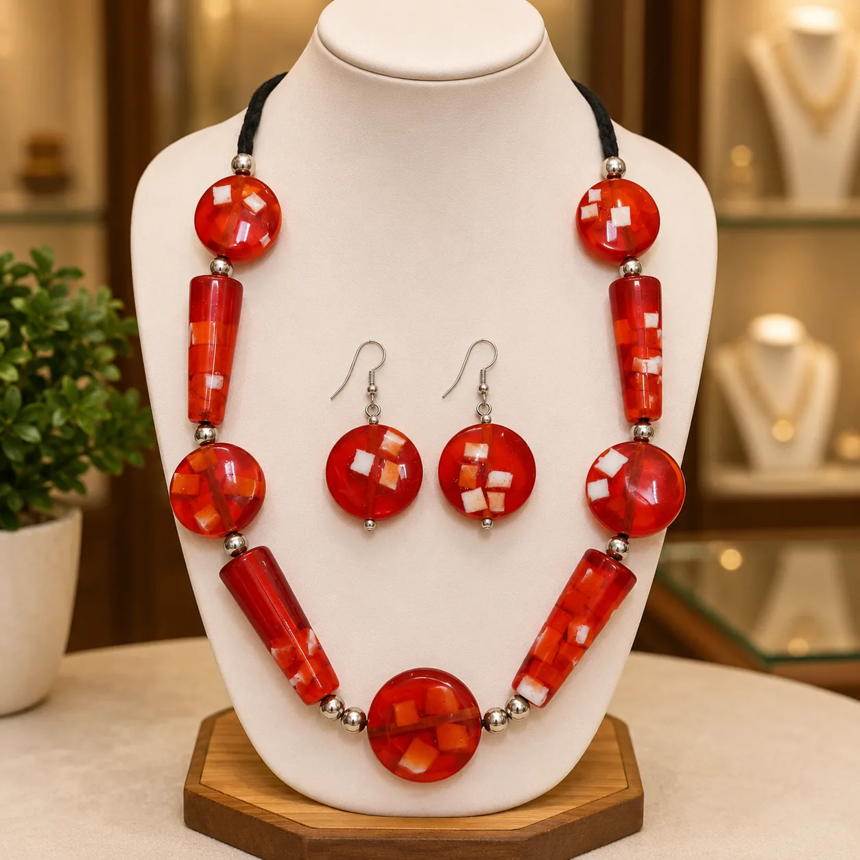 Ruby Red Mosaic Bead Necklace Set