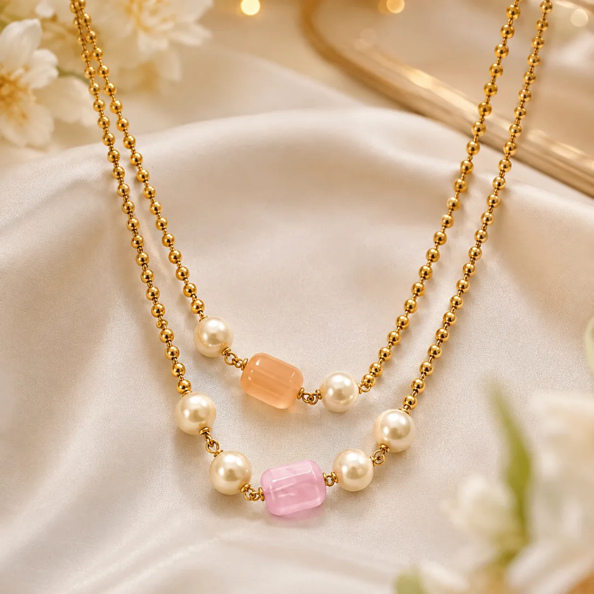 Pastel Pearl Double Layer Gold Beaded Necklace