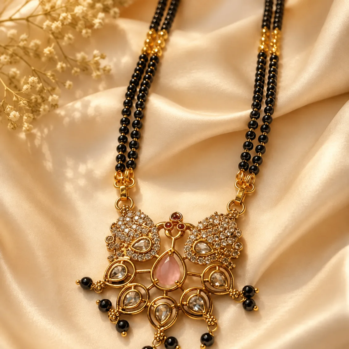 Peacock Pink Stone Black Beads Mangalsutra Necklace
