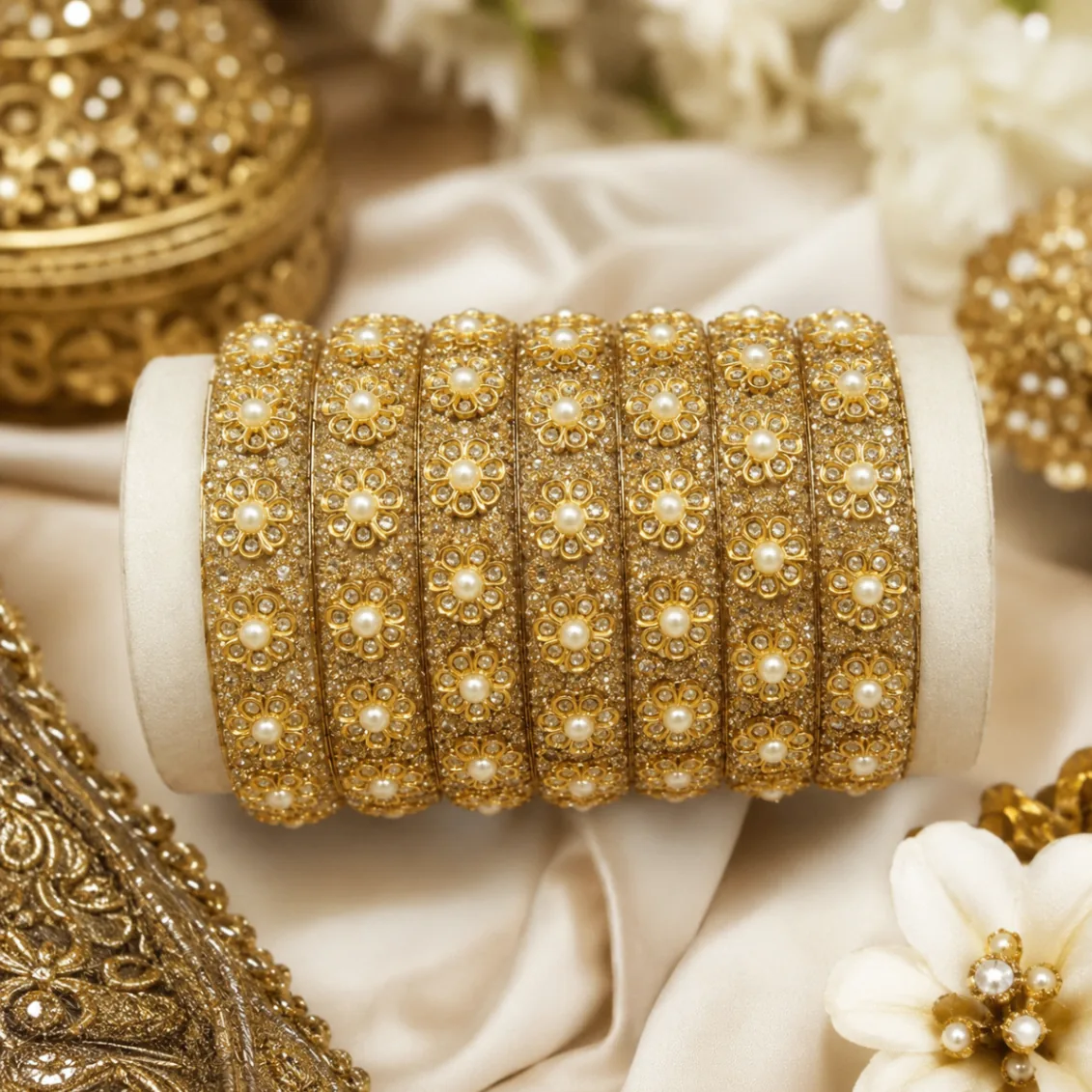 Gold Floral Pearl Designer Bangles