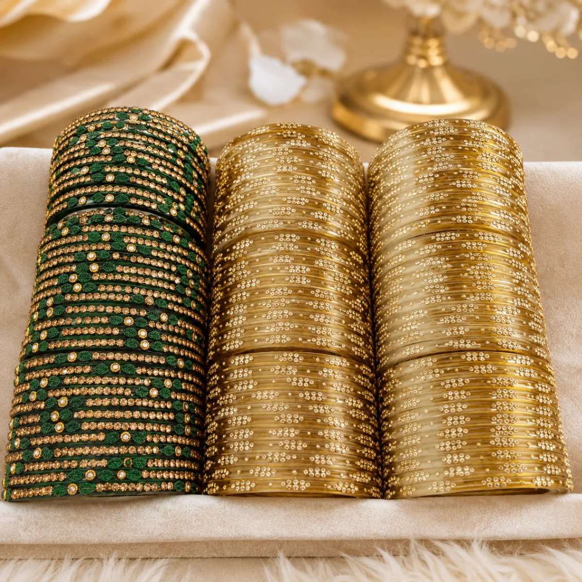 Green and Gold Stone Work Bangles Set