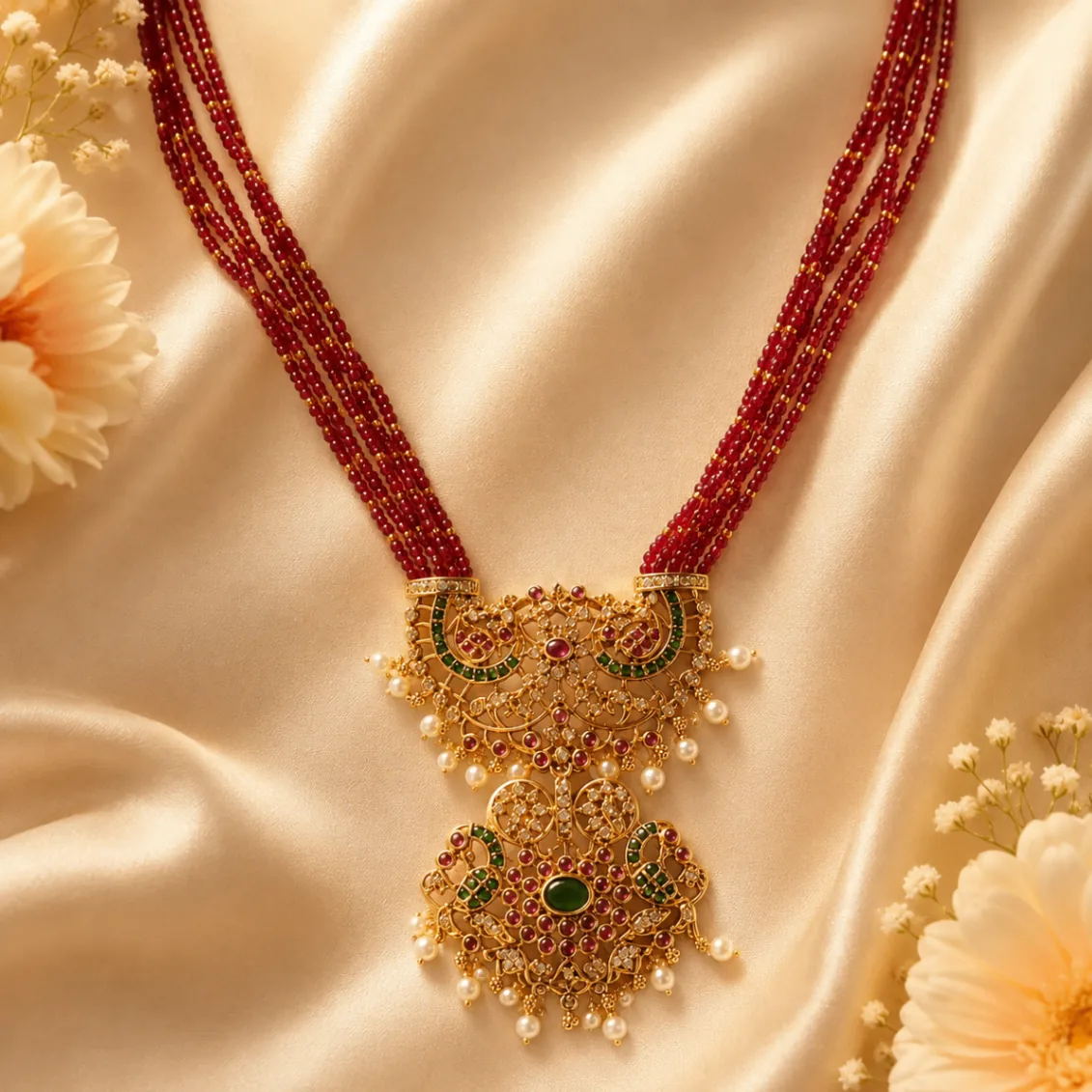 Ruby Red Multi Strand Traditional Pendant Necklace