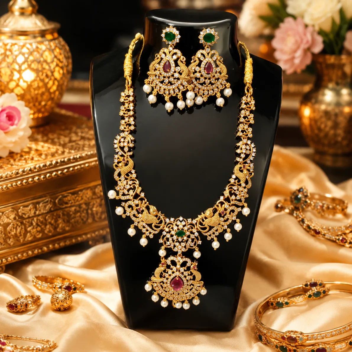 Traditional Peacock Temple Jewellery Necklace Set