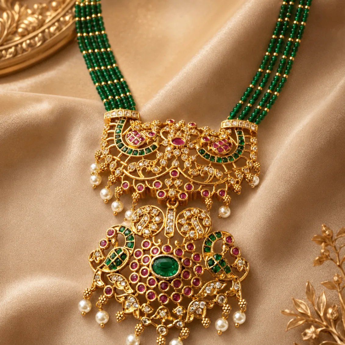 Traditional Green Beads Kundan Pendant Necklace