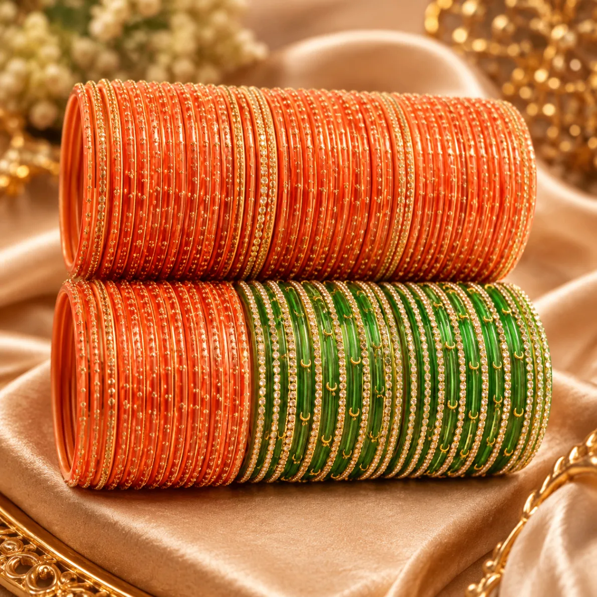 Orange and Green Stone Bangle Collection
