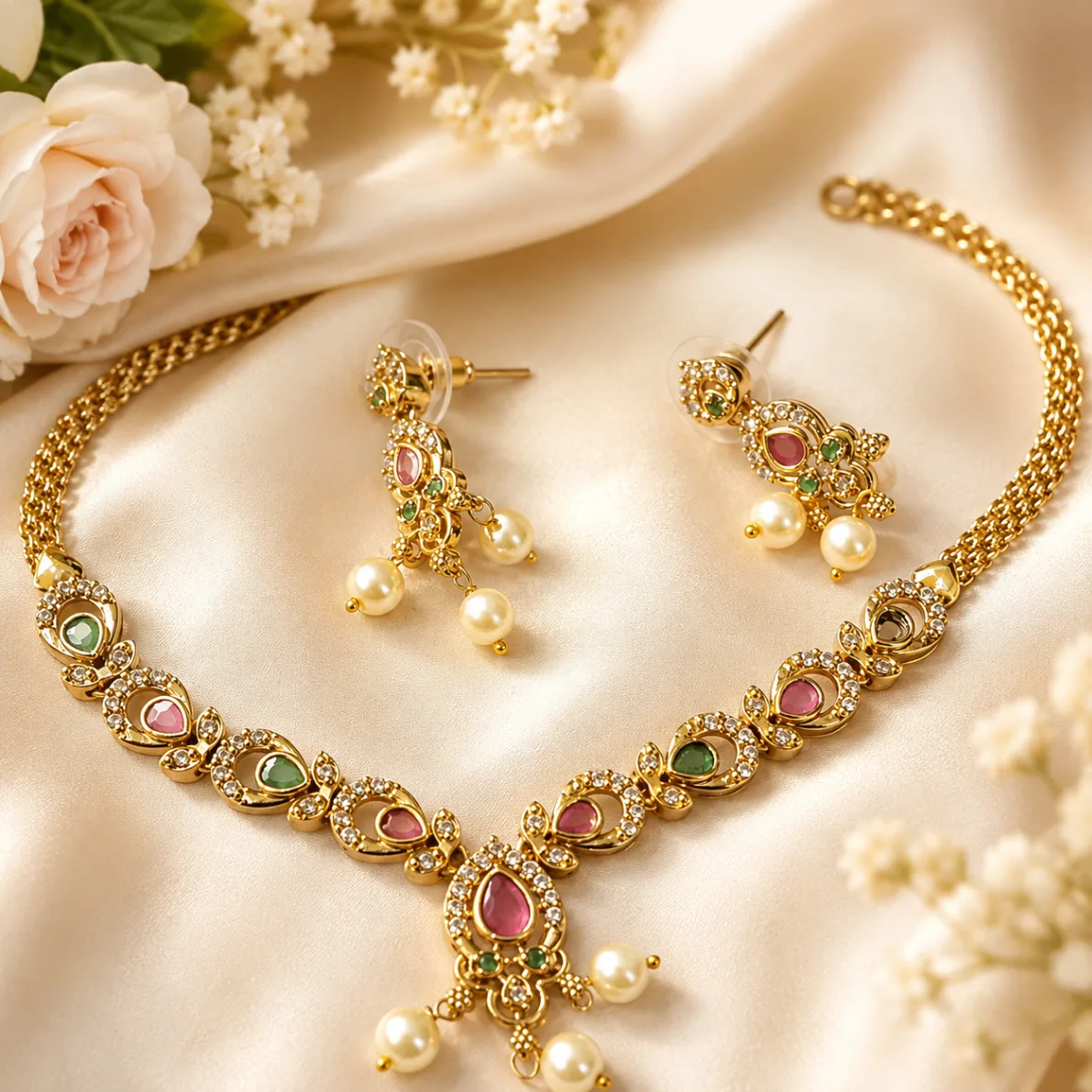 Pink and Green Stone Pearl Drop Necklace Set