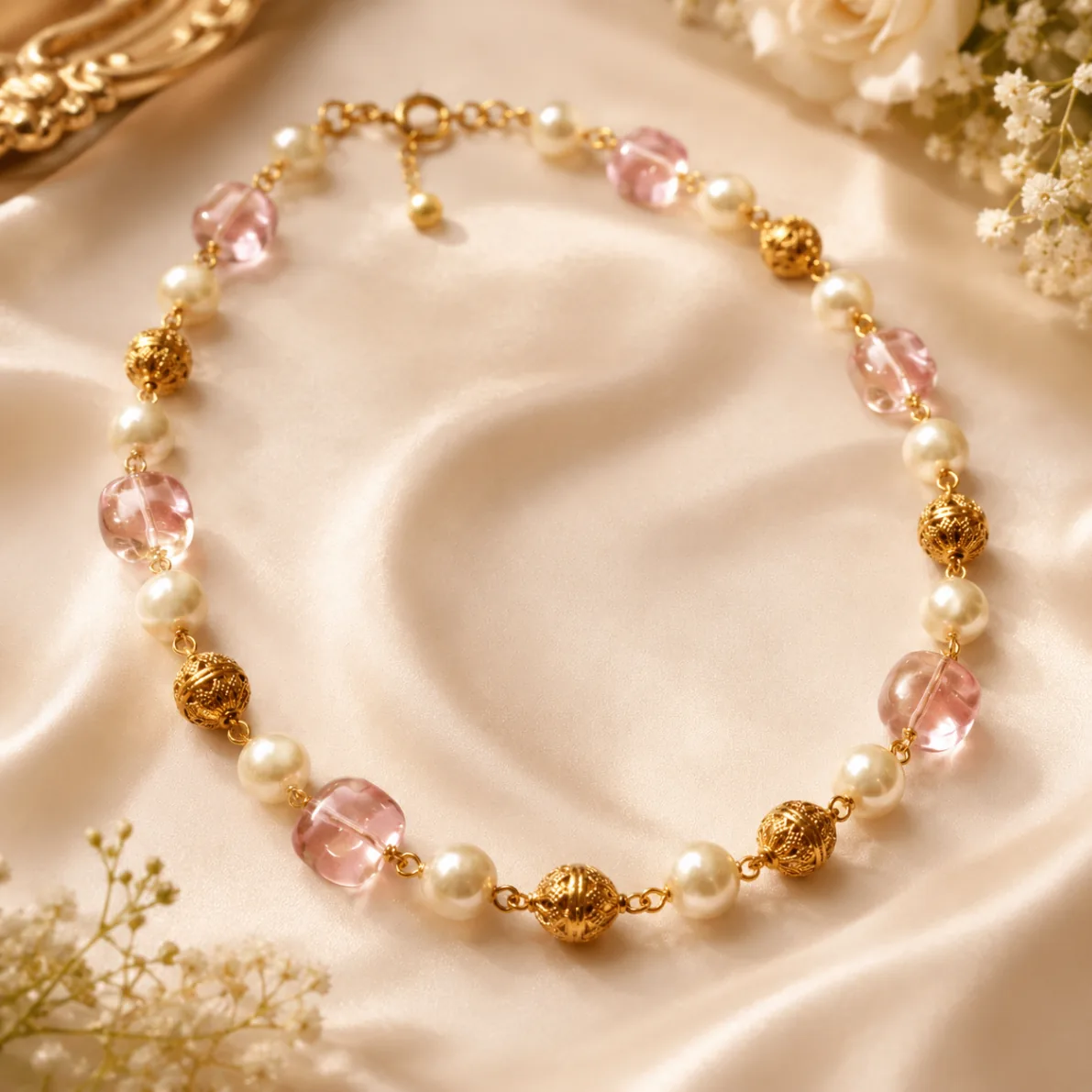 Pink Crystal Pearl Beaded Necklace