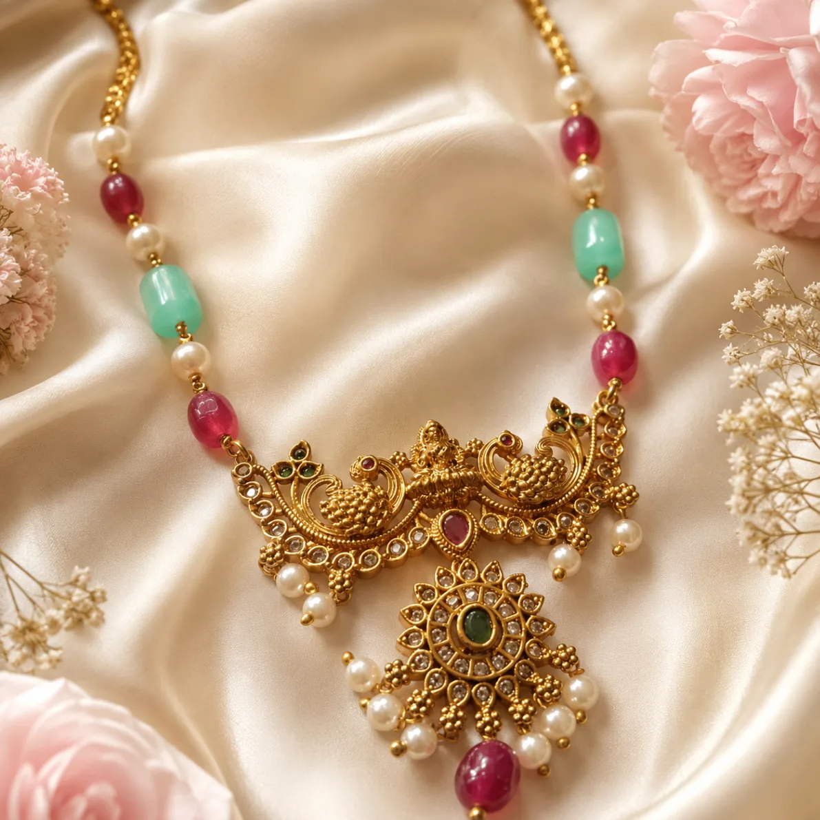 Mint Green and Ruby Beaded Peacock Pendant Necklace