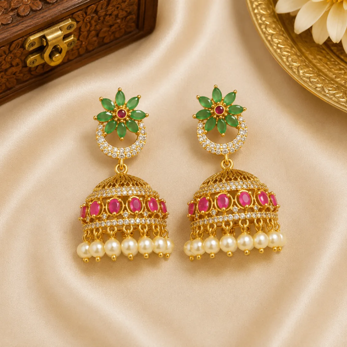 Floral Ruby Pearl Jhumka Earrings