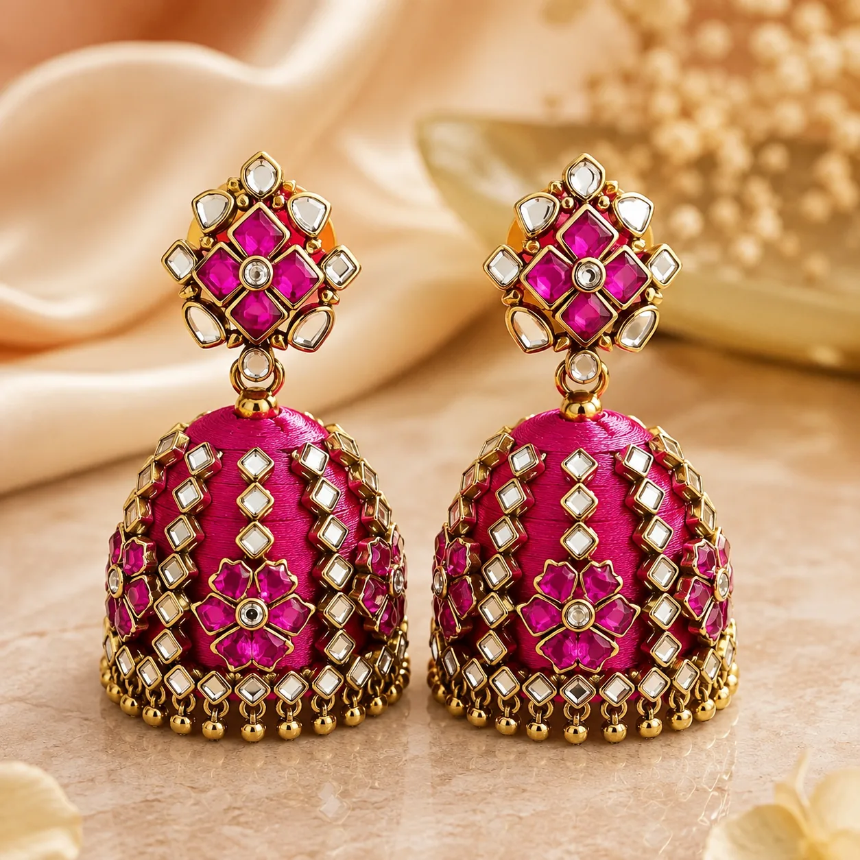 Pink Kundan Jhumka Earrings