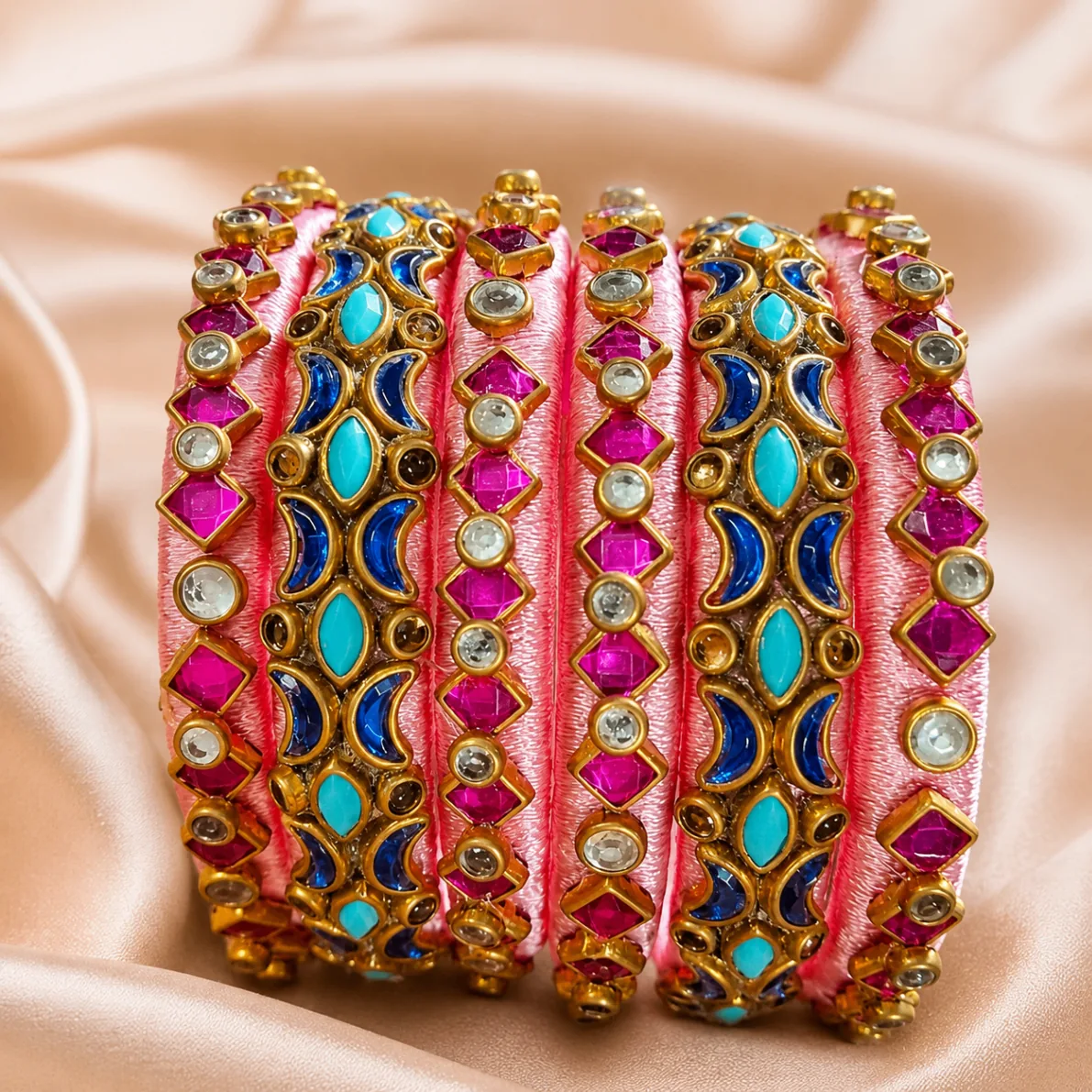 Multicolor Kundan Silk Thread Bangles