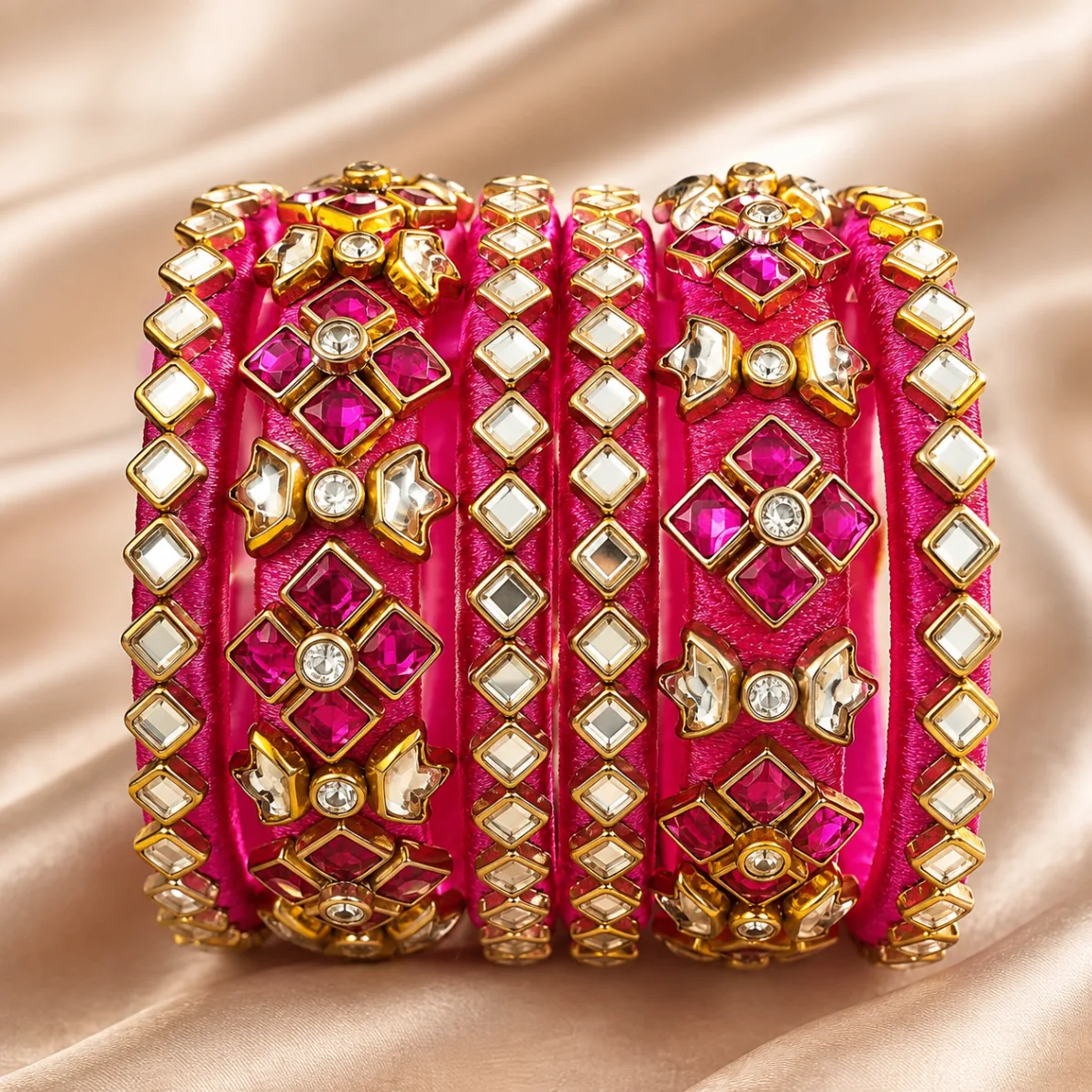 Pink Floral Kundan Bangles