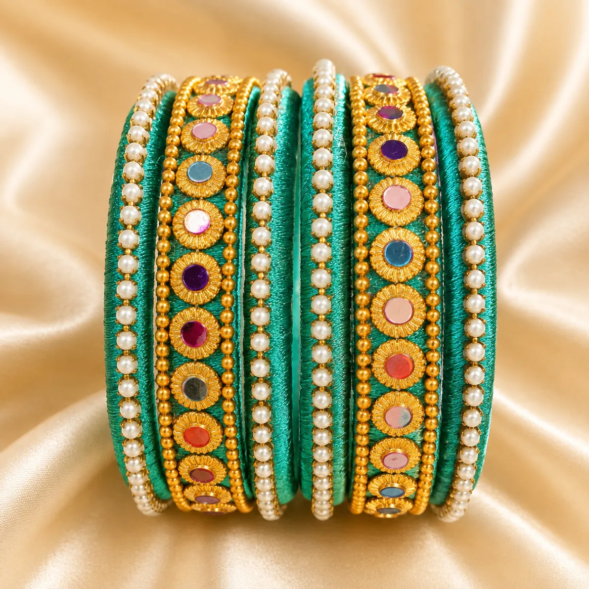 Teal Pearl Mirror Work Bangles