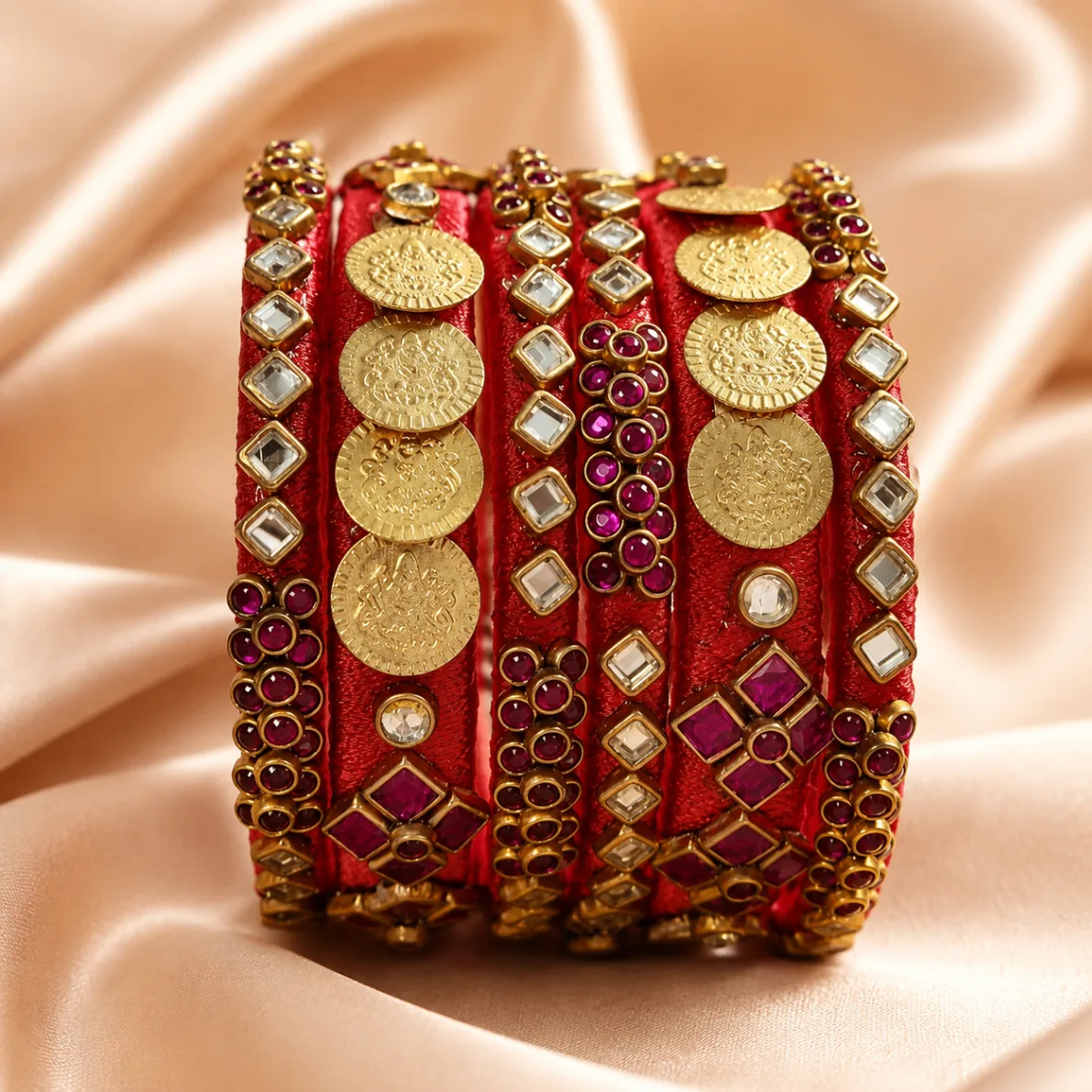 Red Coin Kundan Bangles