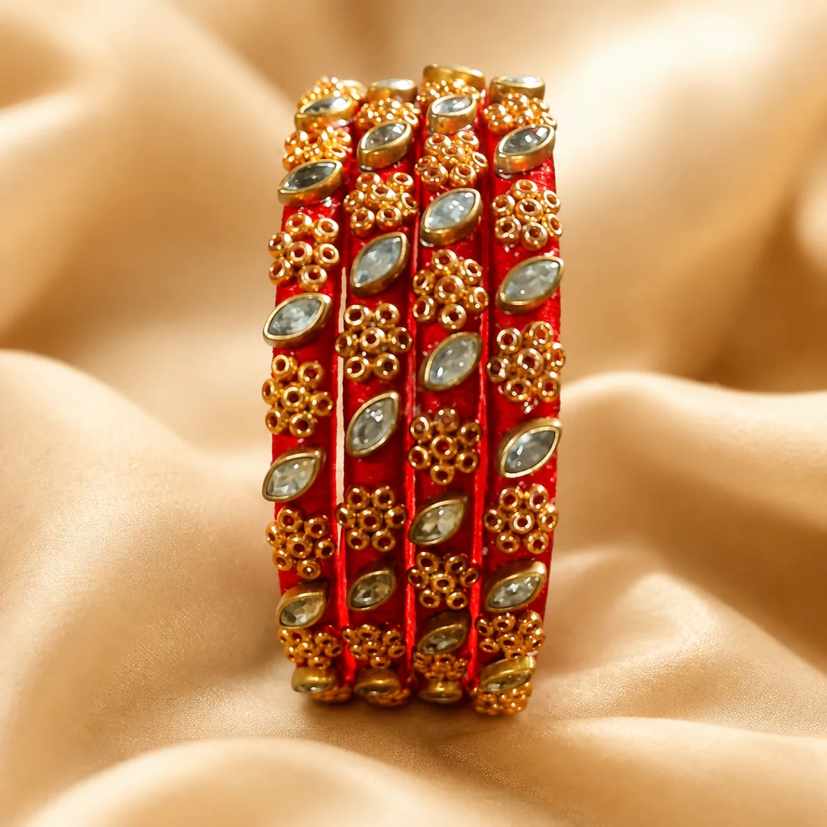 Red Kundan Floral Bangles