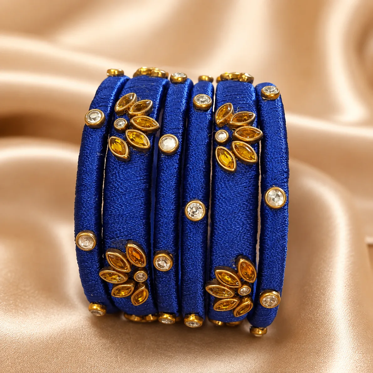 Royal Blue Silk Thread Kundan Bangles