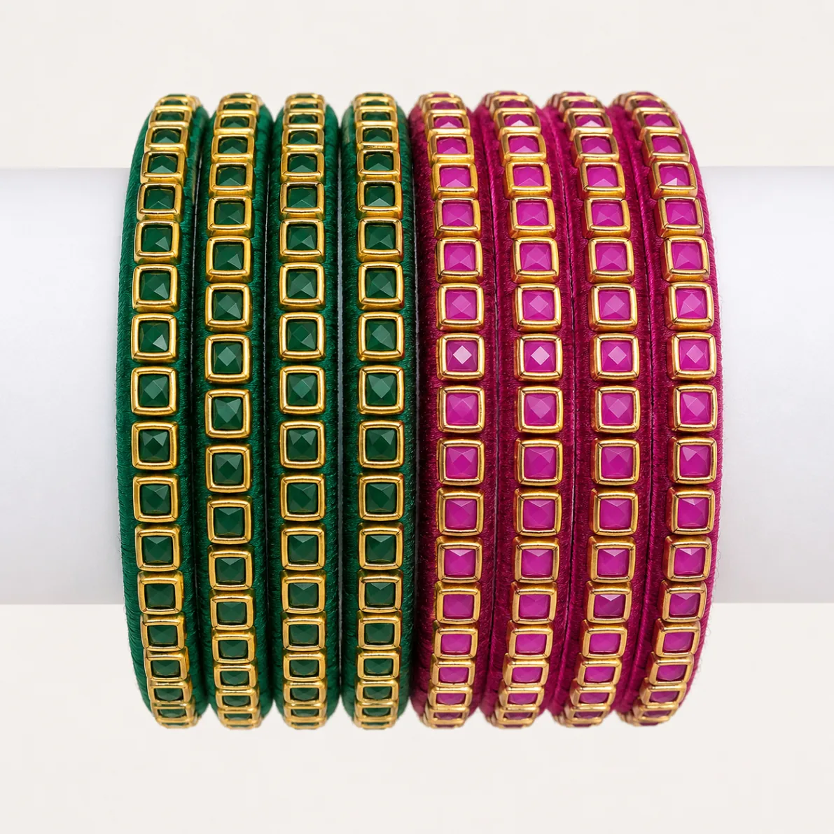 Green and Pink Square Stone Bangles Set
