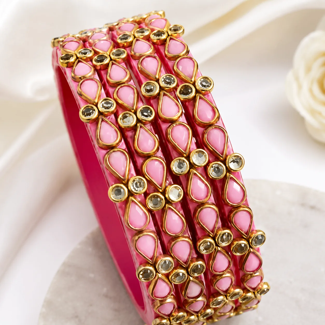 Pink Teardrop Kundan Bangles Set