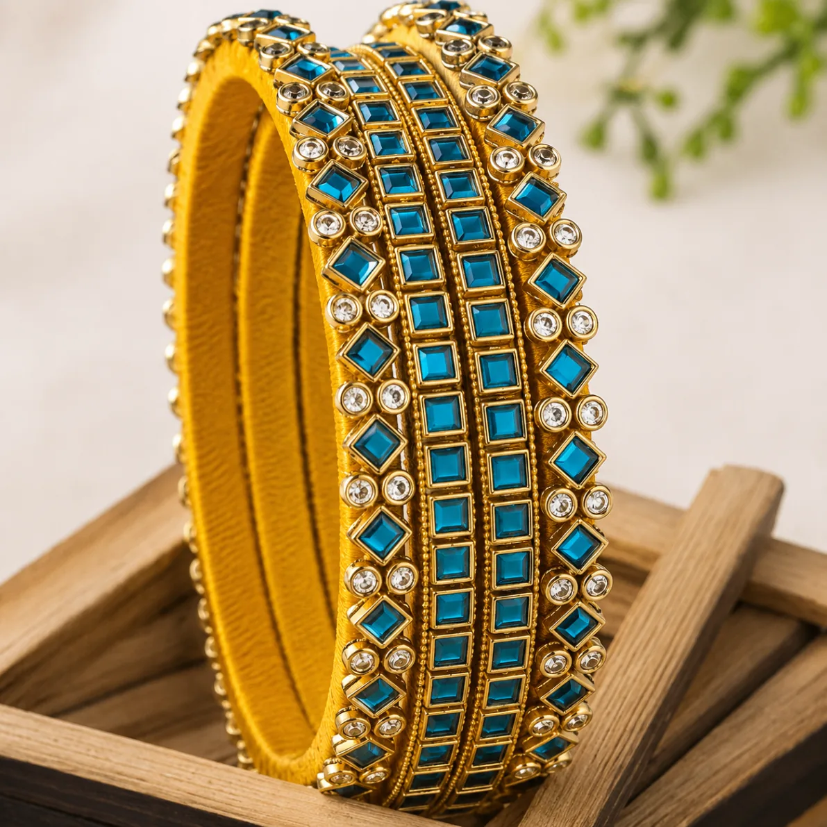 Blue Square Stone Gold Bangles Set