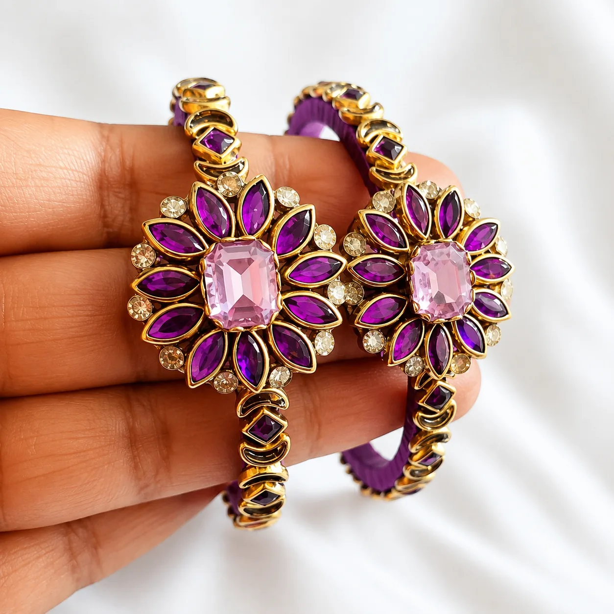 Purple Floral Kundan Bangles Set
