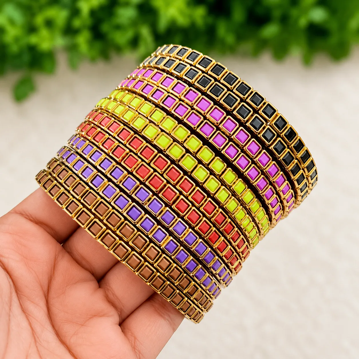 Multicolor Square Stone Bangle Set