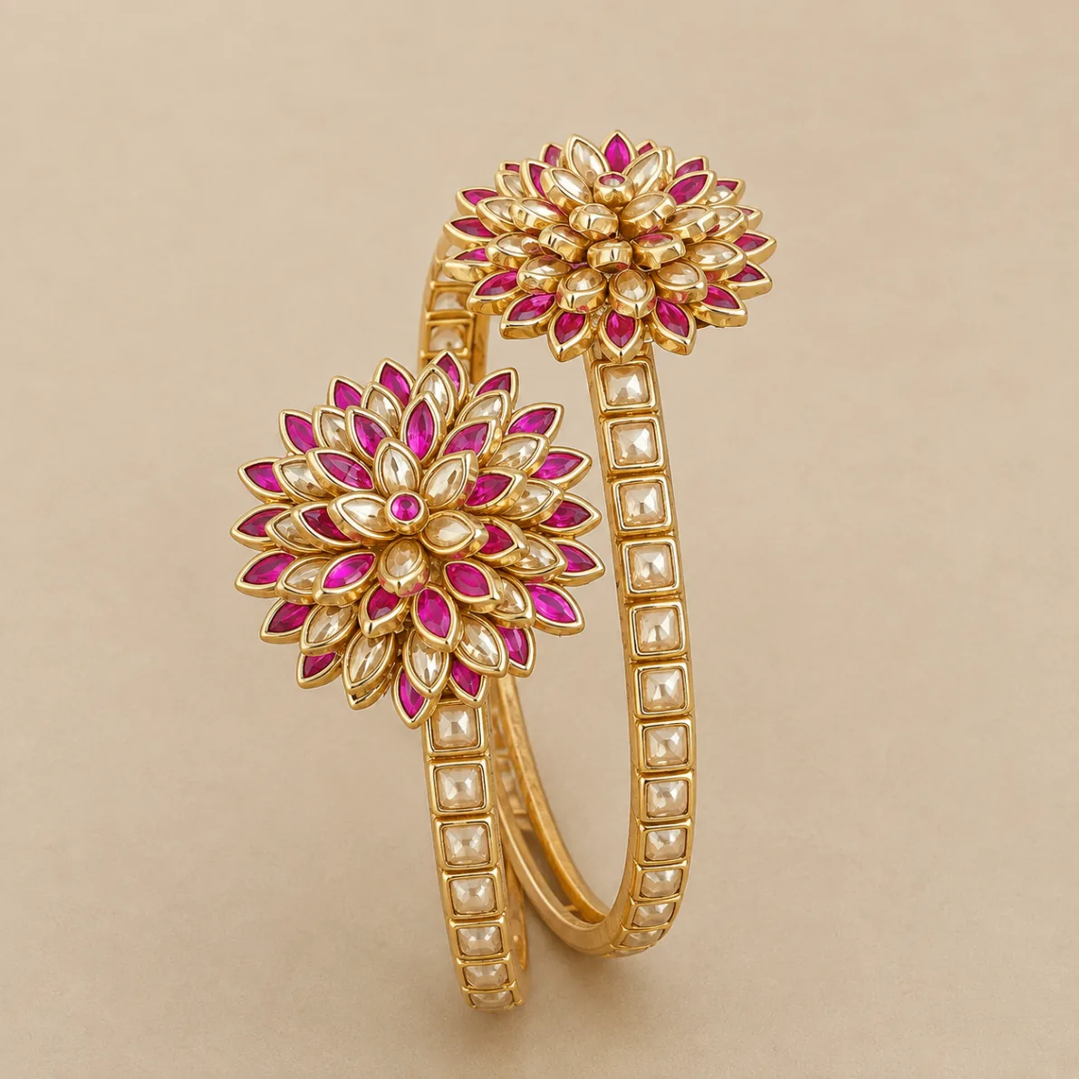 Pink Floral Kundan Designer Bangles